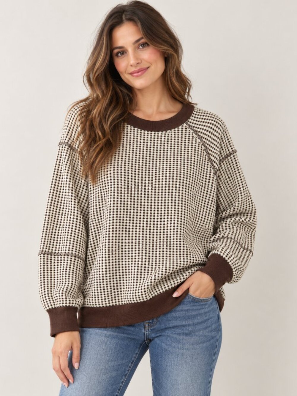 Very J Cream Brown Texture Print Pullover Sweater Top Casual New